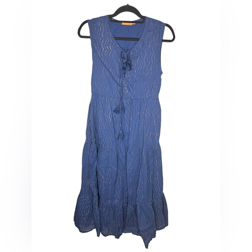 Oliphant Sleeveless navy and gold cotton tassel dress size small